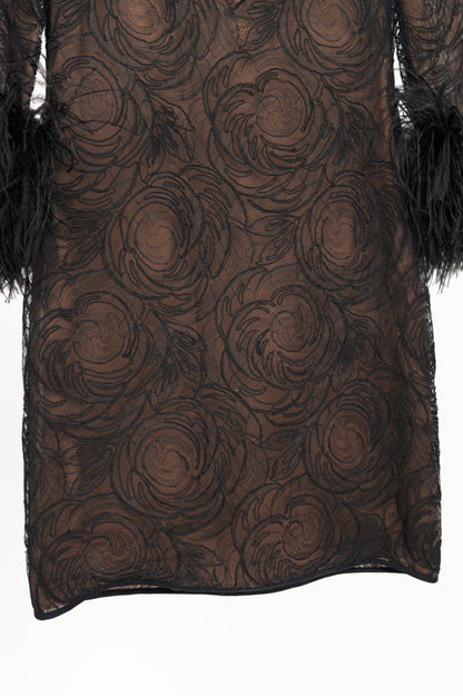 Oscar de la Renta Black Lace Feather-Cuff Mini Dress