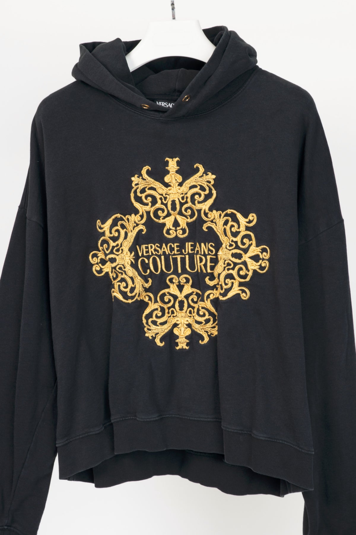 Versace Jeans Couture Black Cotton Embroidered Baroque Logo Hoodie