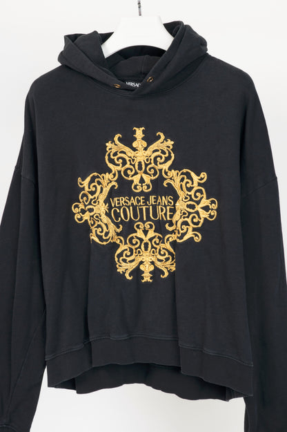 Versace Jeans Couture Black Cotton Embroidered Baroque Logo Hoodie
