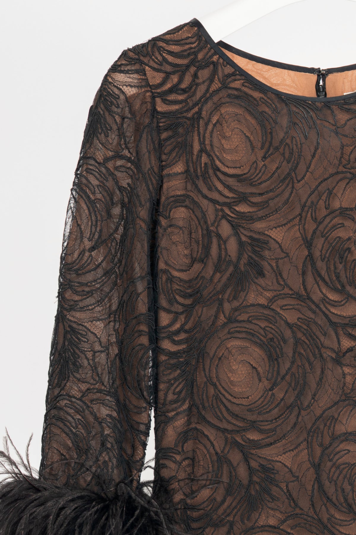 Oscar de la Renta Black Lace Feather-Cuff Mini Dress