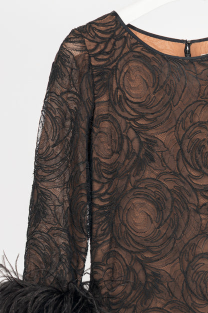 Oscar de la Renta Black Lace Feather-Cuff Mini Dress