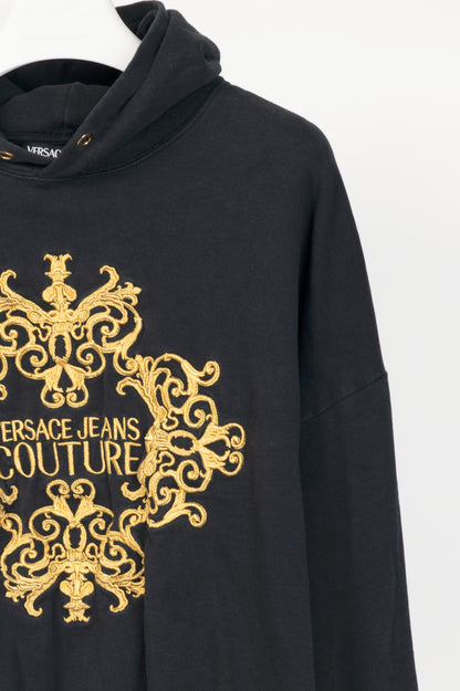 Versace Jeans Couture Black Cotton Embroidered Baroque Logo Hoodie