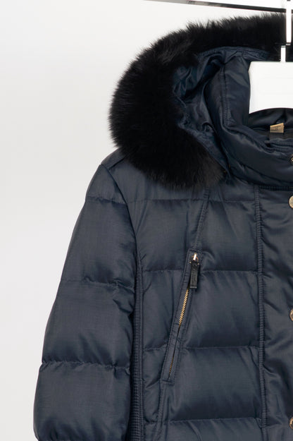 Burberry Abbeydale Navy Fur-Trim Hooded Quilted Puffer