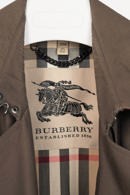 Burberry Olive Cotton Leather-Trim Belted Double-Breasted Trench Coat