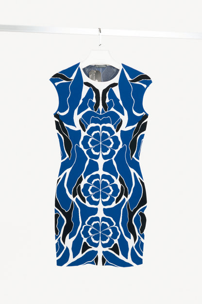 Alexander McQueen Blue Flower-Intarsia Knit Bodycon Mini Dress