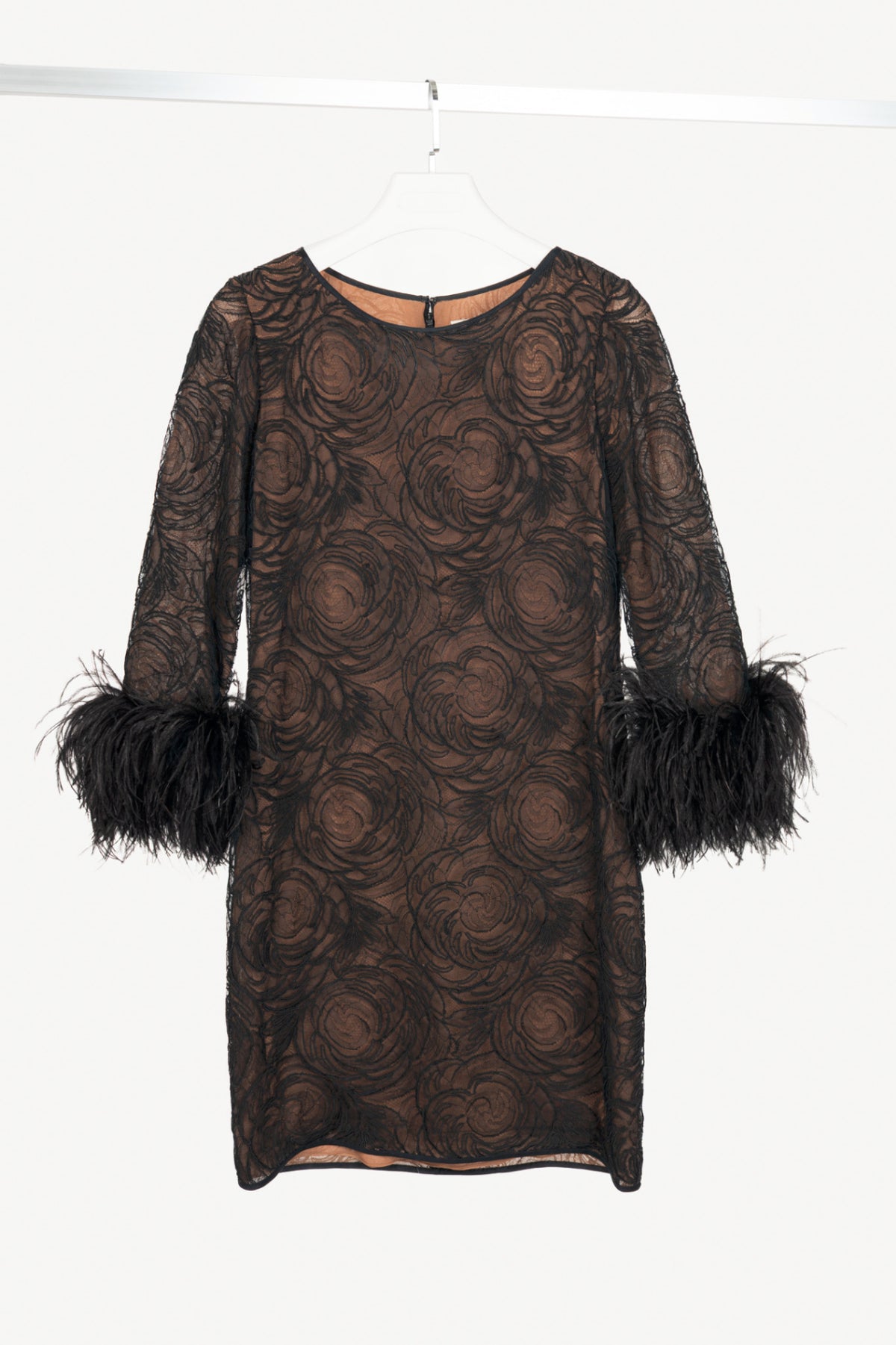 Oscar de la Renta Black Lace Feather-Cuff Mini Dress