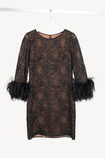 Oscar de la Renta Black Lace Feather-Cuff Mini Dress