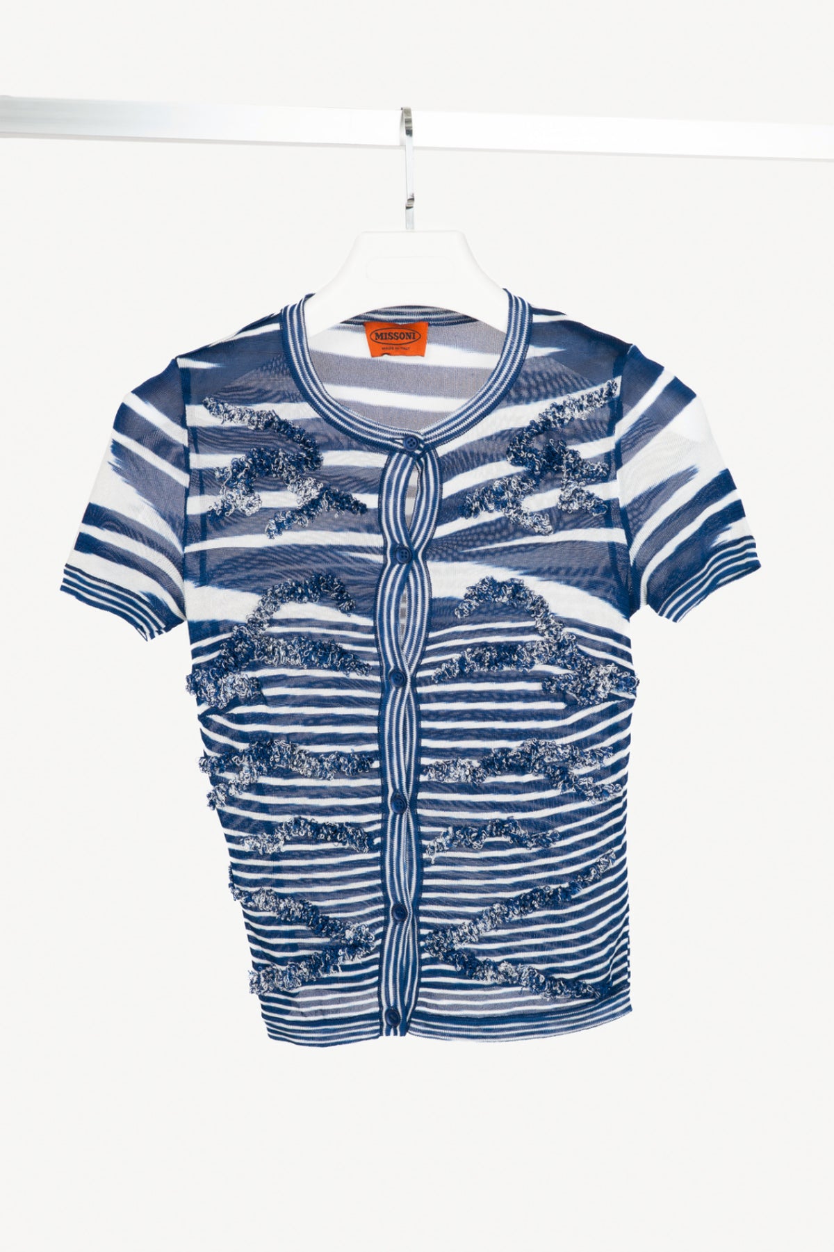 Missoni Blue & White Striped Fringe Short-Sleeve Cardigan