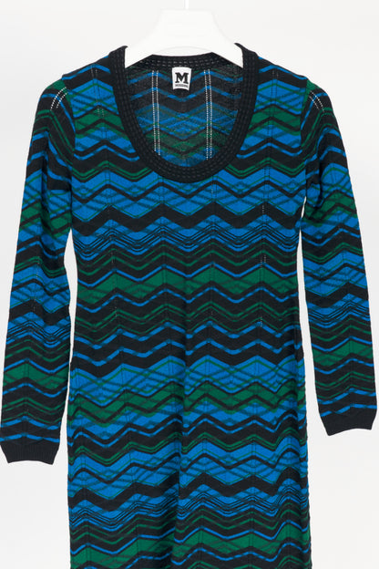M by Missoni Blue "Bias Plaid" Zig-Zag Knit Long-Sleeve Dress