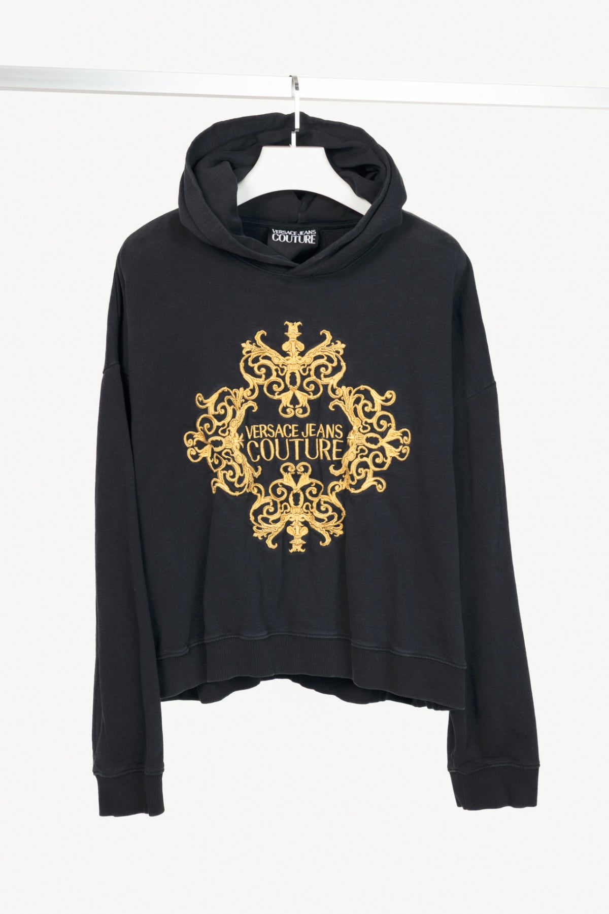 Versace Jeans Couture Black Cotton Embroidered Baroque Logo Hoodie