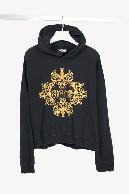 Versace Jeans Couture Black Cotton Embroidered Baroque Logo Hoodie