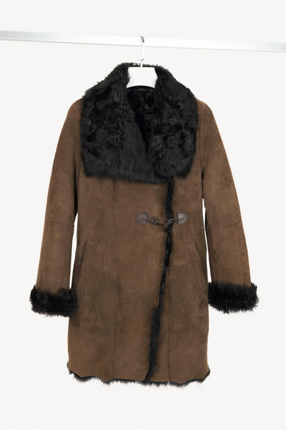 Christ Ashley Brown Shearling Toggle Wide-Collar Coat
