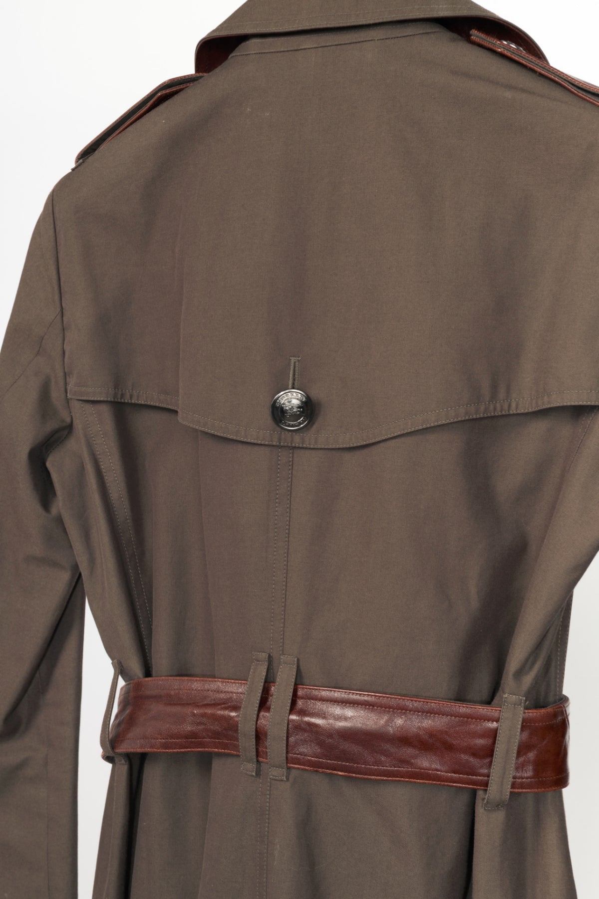 Burberry Olive Cotton Leather-Trim Belted Double-Breasted Trench Coat