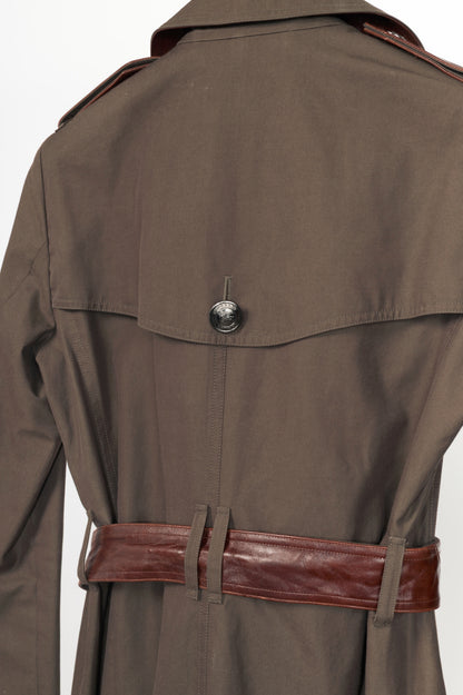 Burberry Olive Cotton Leather-Trim Belted Double-Breasted Trench Coat
