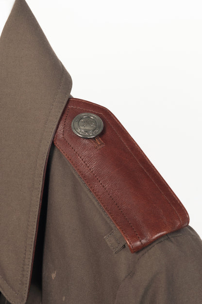Burberry Olive Cotton Leather-Trim Belted Double-Breasted Trench Coat