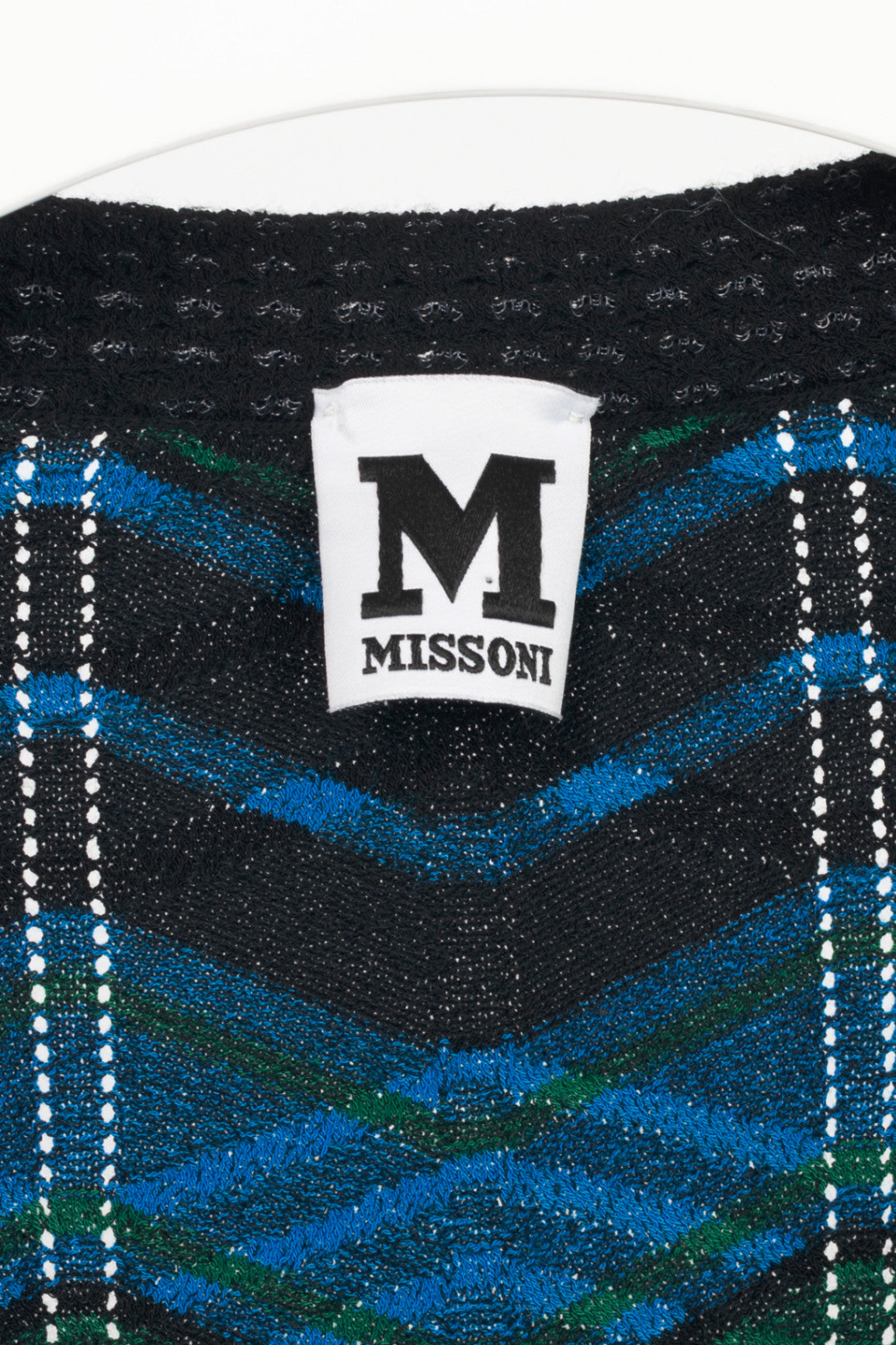 M by Missoni Blue "Bias Plaid" Zig-Zag Knit Long-Sleeve Dress