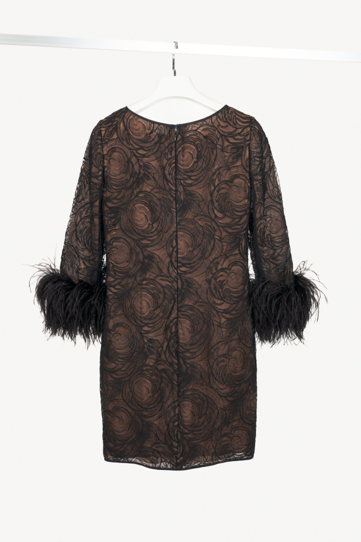 Oscar de la Renta Black Lace Feather-Cuff Mini Dress
