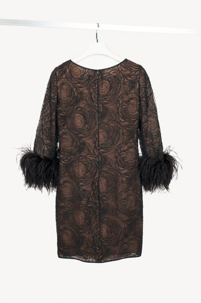 Oscar de la Renta Black Lace Feather-Cuff Mini Dress