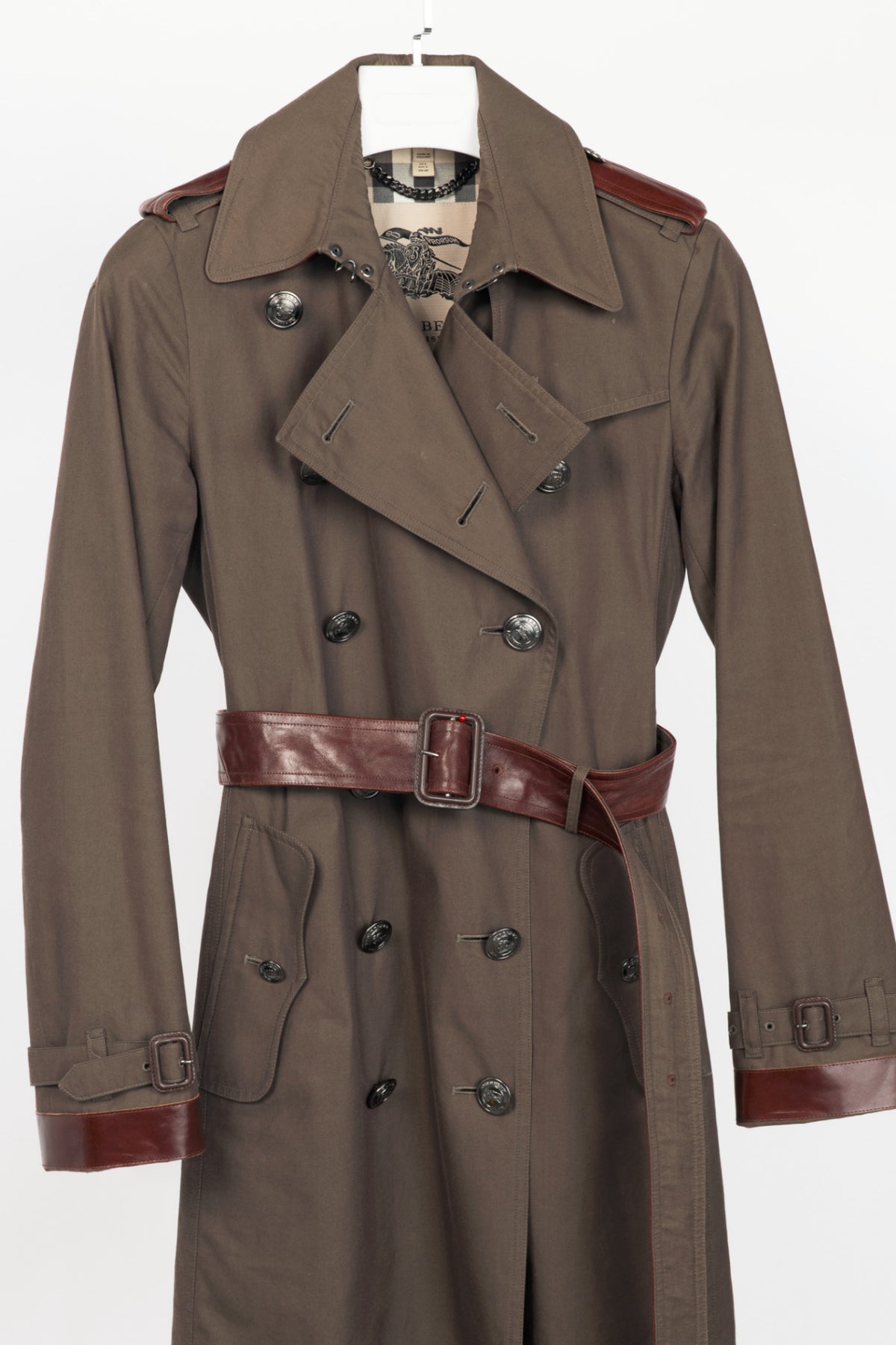 Burberry Olive Cotton Leather-Trim Belted Double-Breasted Trench Coat