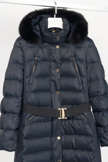 Burberry Abbeydale Navy Fur-Trim Hooded Quilted Puffer