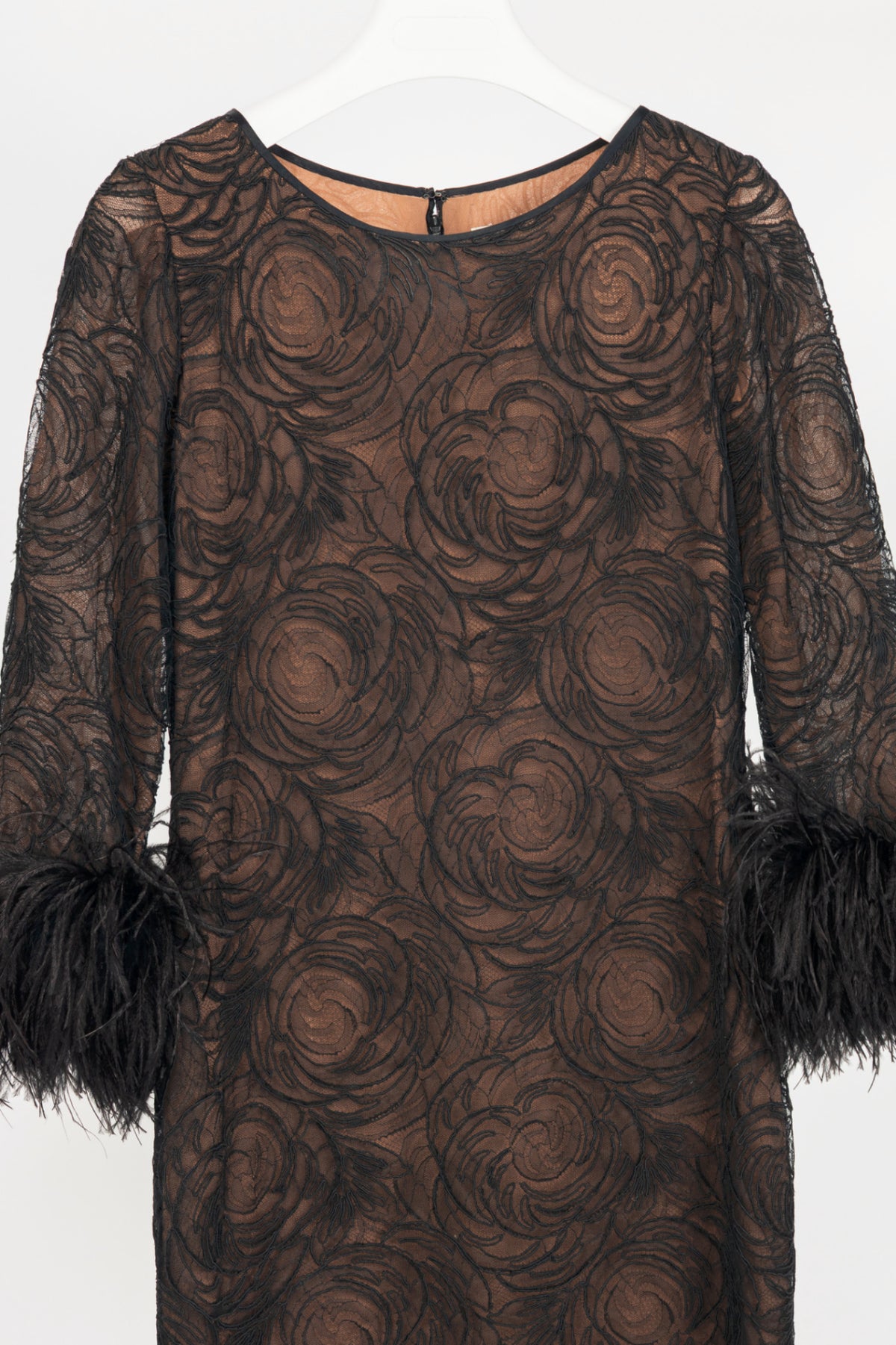 Oscar de la Renta Black Lace Feather-Cuff Mini Dress
