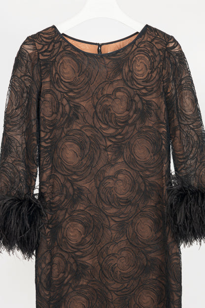 Oscar de la Renta Black Lace Feather-Cuff Mini Dress