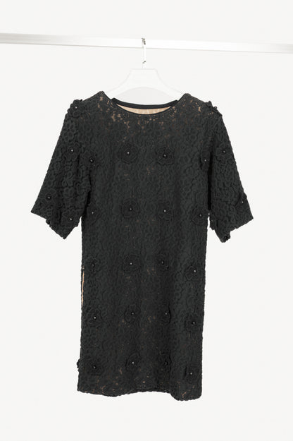 Chloe AW12 Black Macrame-Lace Floral-Applique Mini Dress