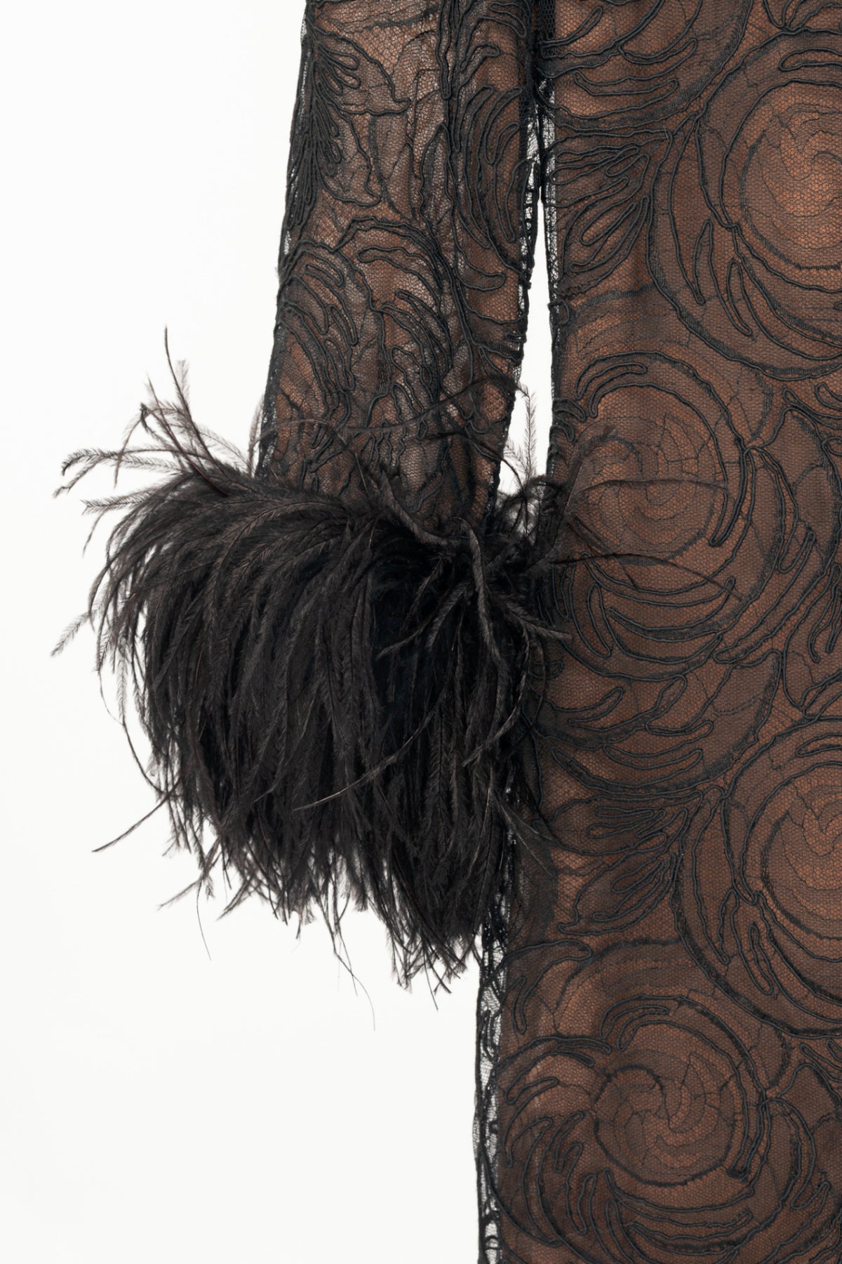 Oscar de la Renta Black Lace Feather-Cuff Mini Dress