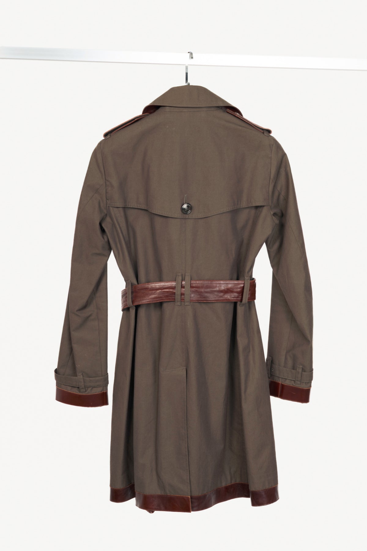 Burberry Olive Cotton Leather-Trim Belted Double-Breasted Trench Coat