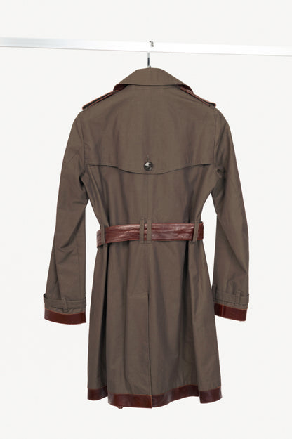 Burberry Olive Cotton Leather-Trim Belted Double-Breasted Trench Coat
