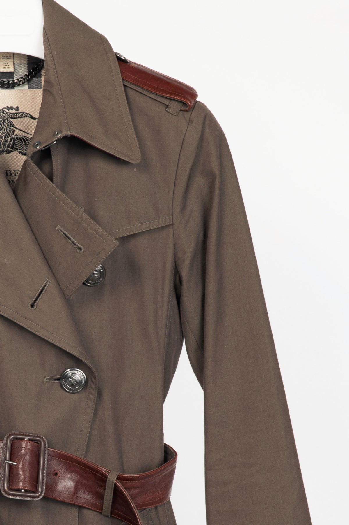 Burberry Olive Cotton Leather-Trim Belted Double-Breasted Trench Coat