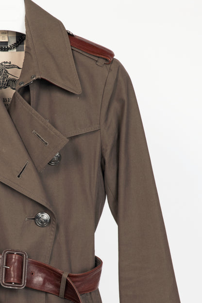 Burberry Olive Cotton Leather-Trim Belted Double-Breasted Trench Coat
