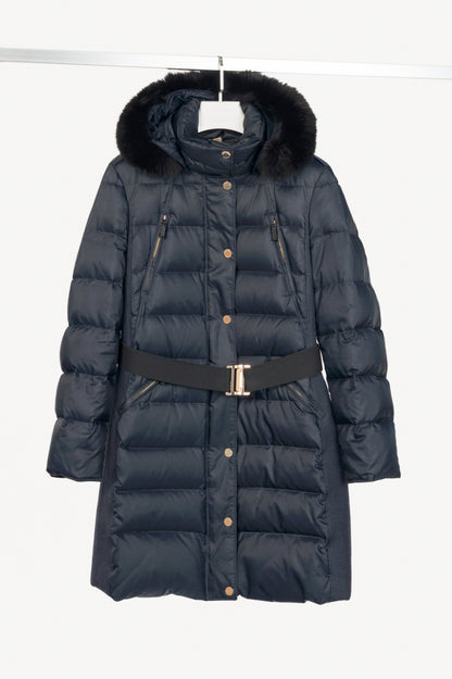 Burberry Abbeydale Navy Fur-Trim Hooded Quilted Puffer
