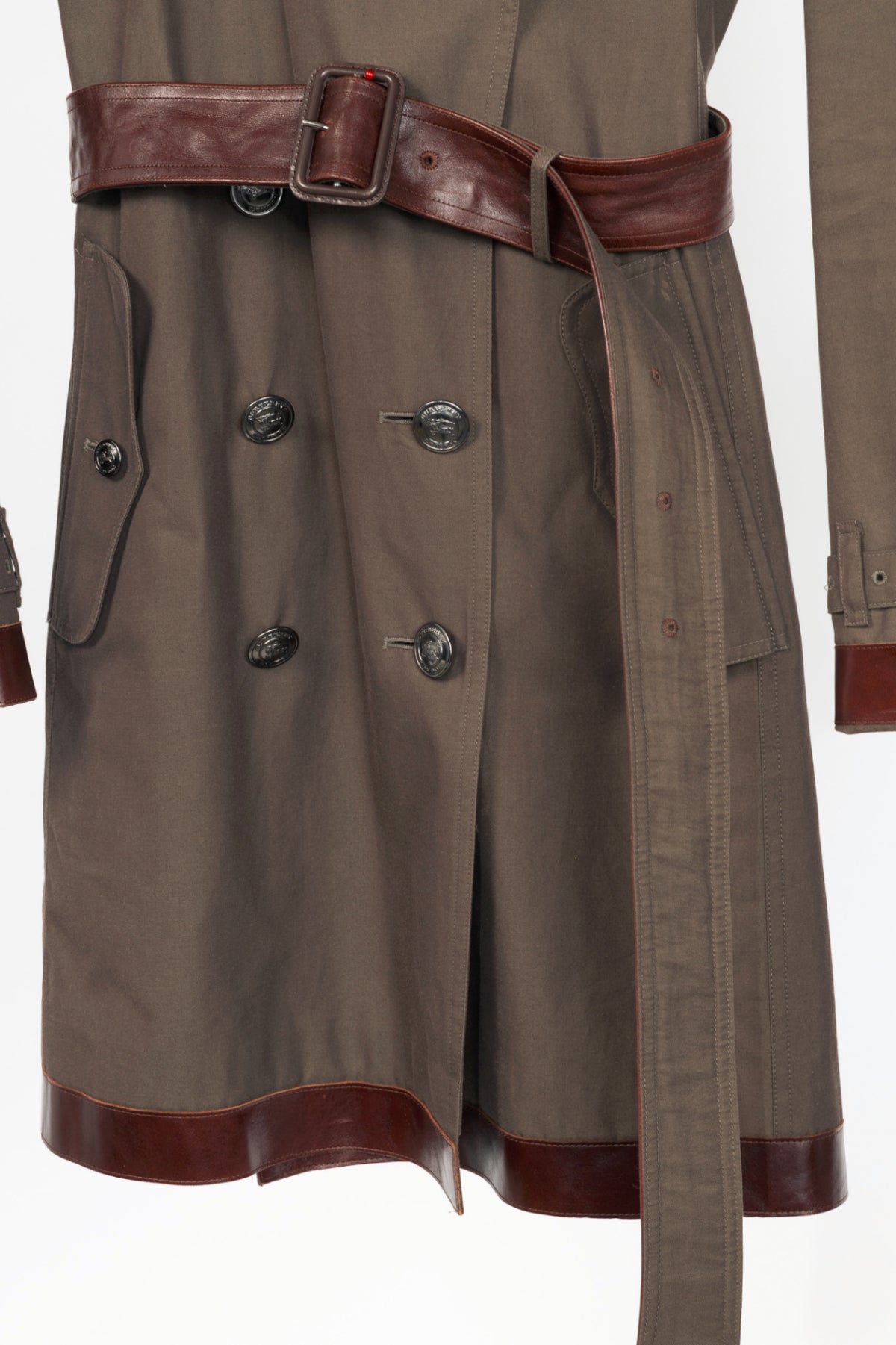 Burberry Olive Cotton Leather-Trim Belted Double-Breasted Trench Coat