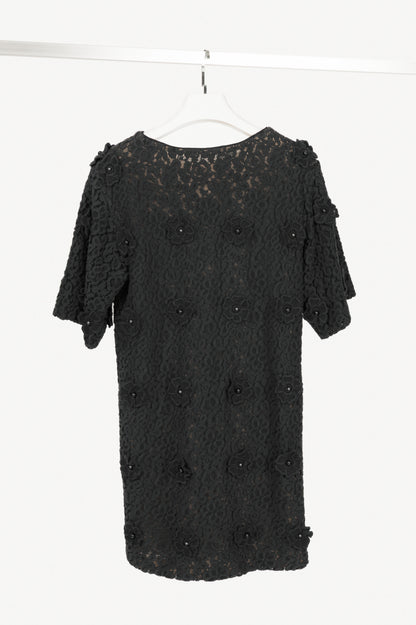 Chloe AW12 Black Macrame-Lace Floral-Applique Mini Dress
