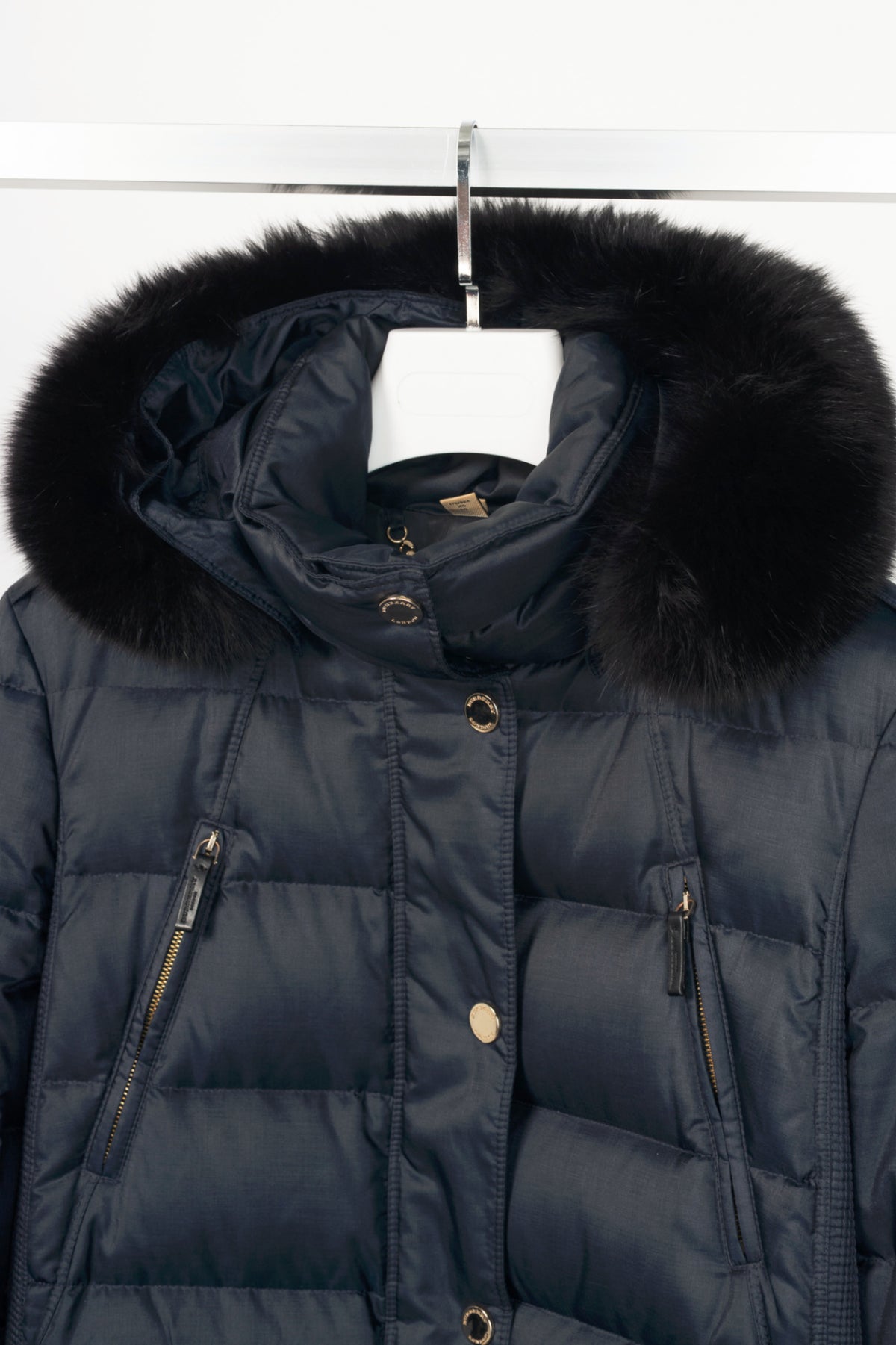 Burberry Abbeydale Navy Fur-Trim Hooded Quilted Puffer