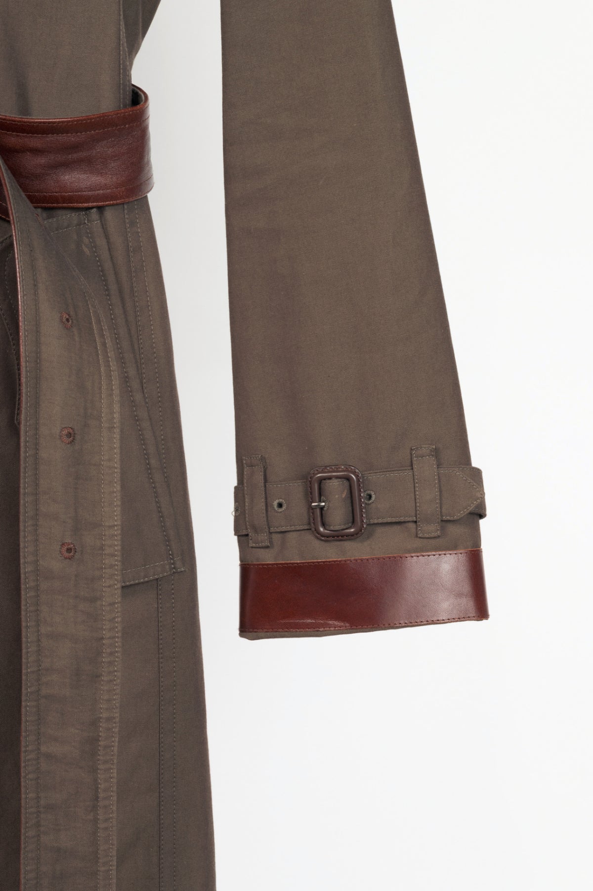 Burberry Olive Cotton Leather-Trim Belted Double-Breasted Trench Coat