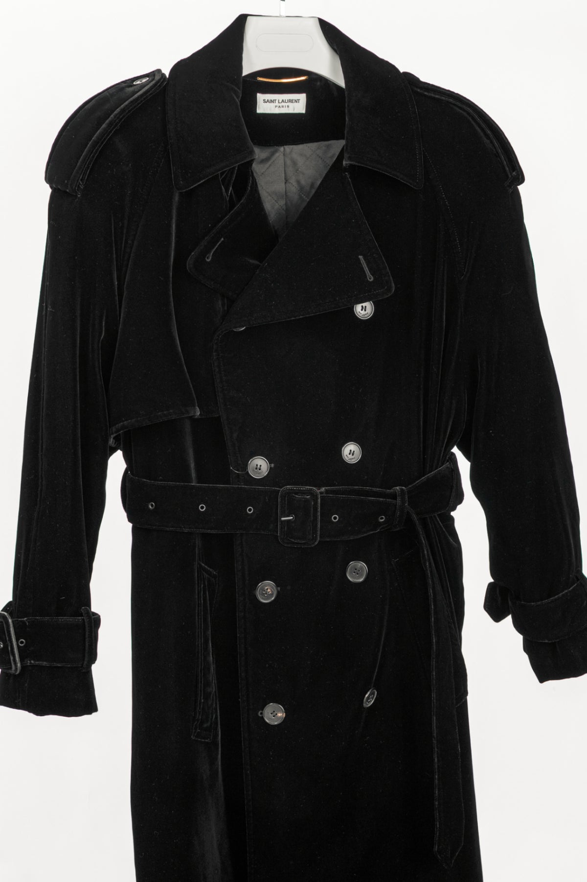 Saint Laurent AW23 Runway Noir Velvet Belted Double-Breasted Trench Coat