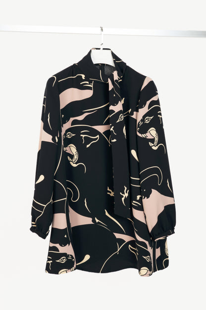 Valentino Garavani AW17 Panther-Print Cady Tie-Neck Mini Dress