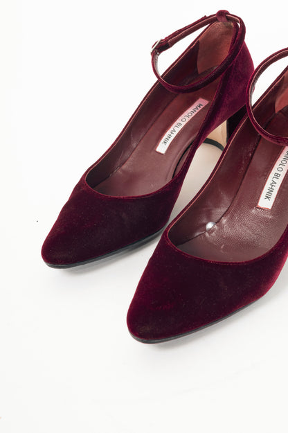 Manolo Blahnik Listony Strap Bordo Velvet Pumps