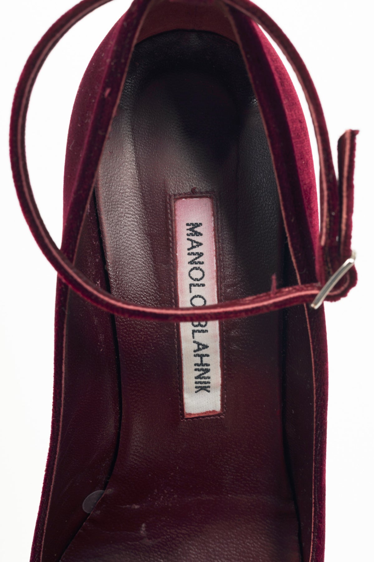 Manolo Blahnik Listony Strap Bordo Velvet Pumps