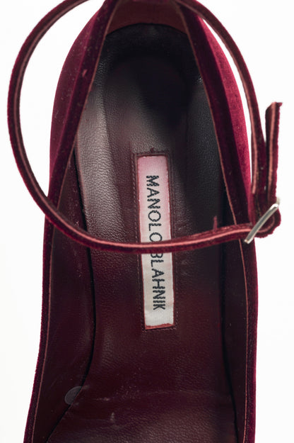 Manolo Blahnik Listony Strap Bordo Velvet Pumps