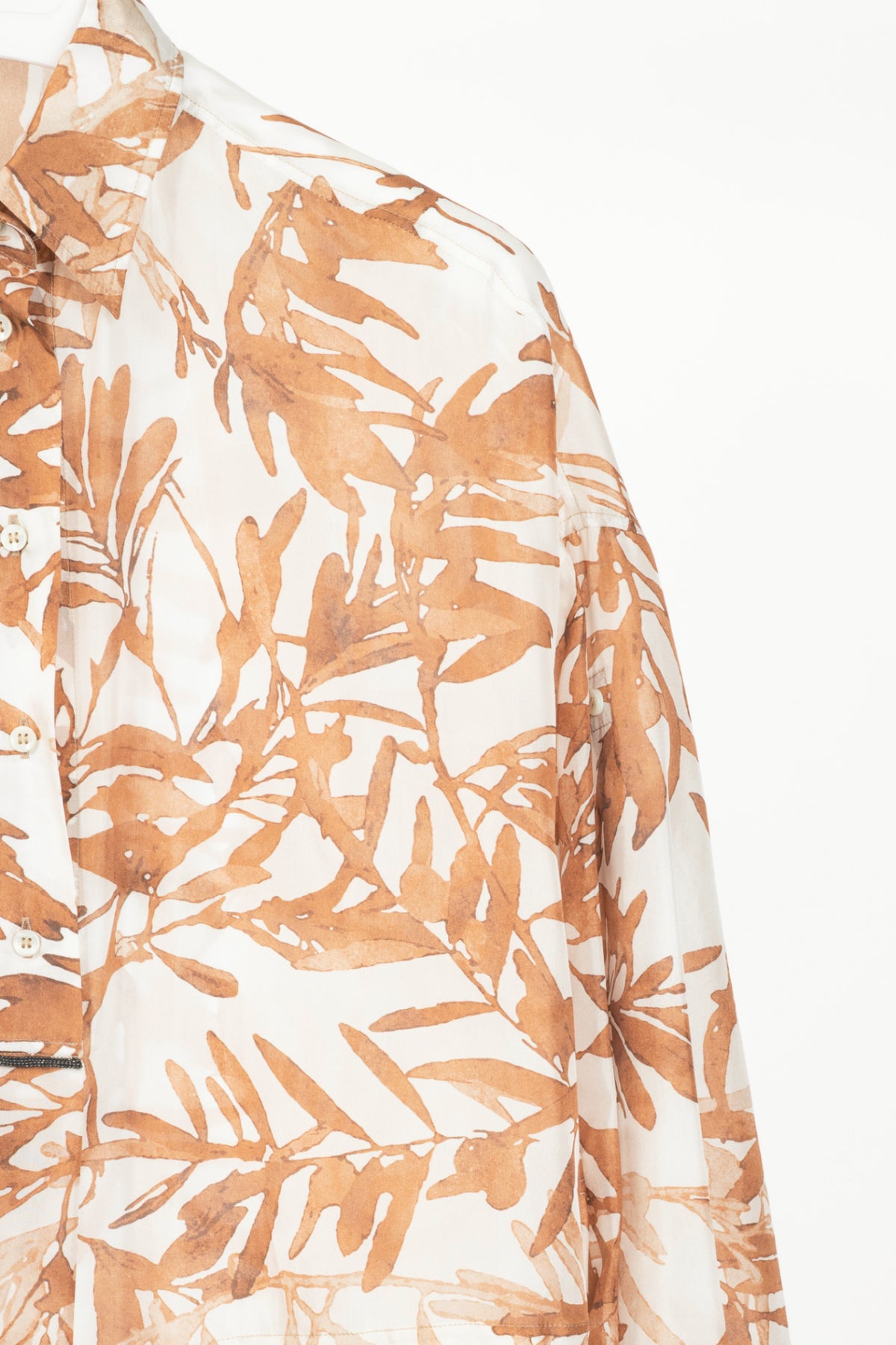 Brunello Cucinelli SS25 Natural Herbarium-Print Silk Shirt Dress