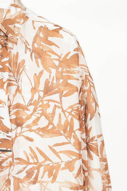 Brunello Cucinelli SS25 Natural Herbarium-Print Silk Shirt Dress