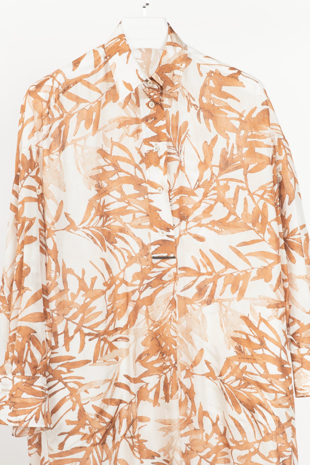Brunello Cucinelli SS25 Natural Herbarium-Print Silk Shirt Dress