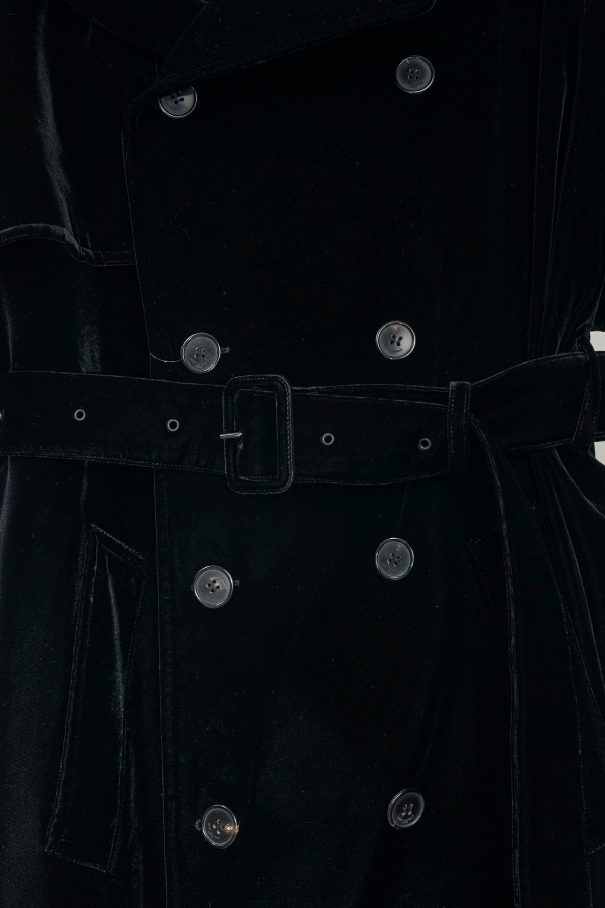 Saint Laurent AW23 Runway Noir Velvet Belted Double-Breasted Trench Coat