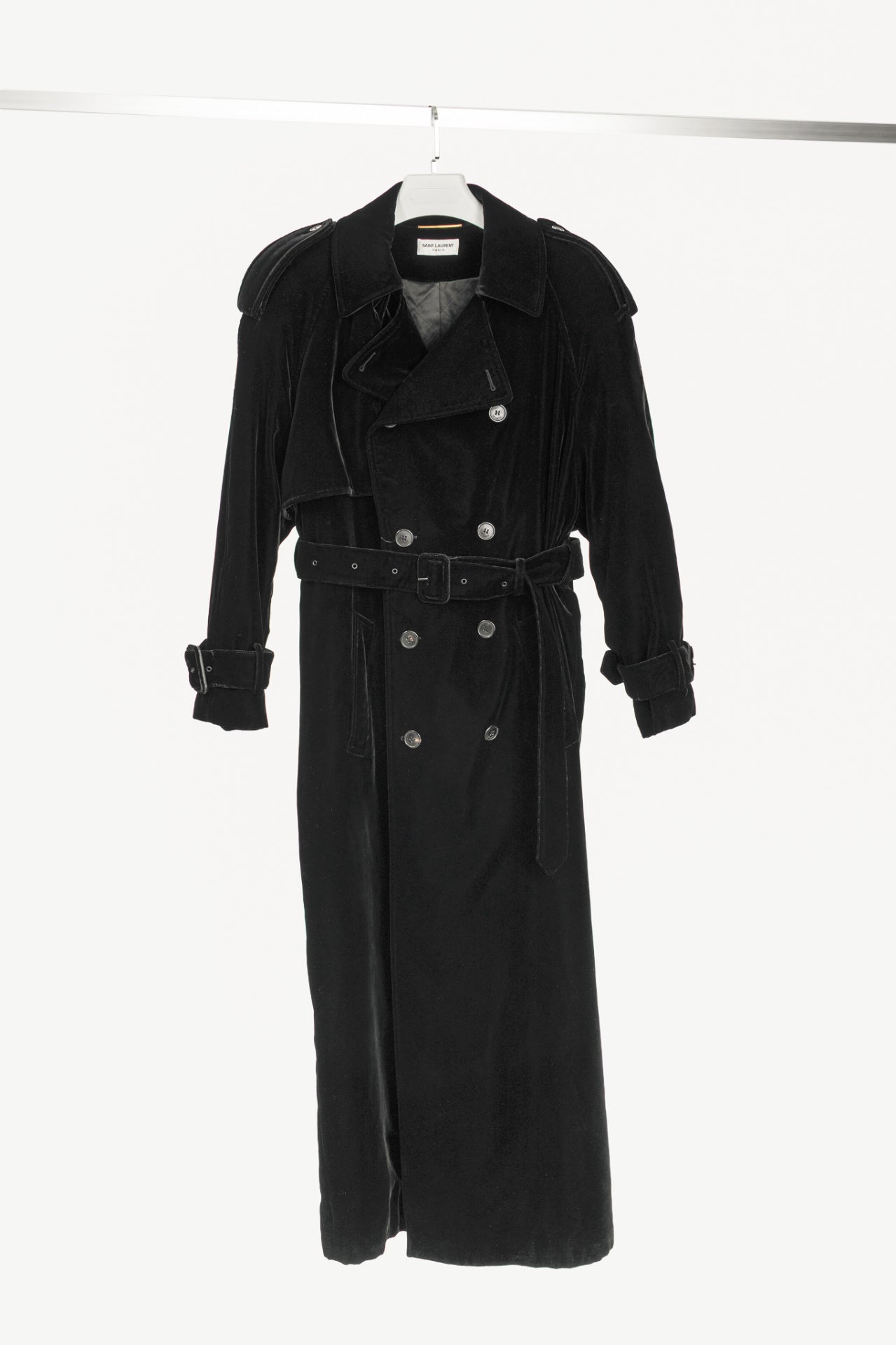 Saint Laurent AW23 Runway Noir Velvet Belted Double-Breasted Trench Coat