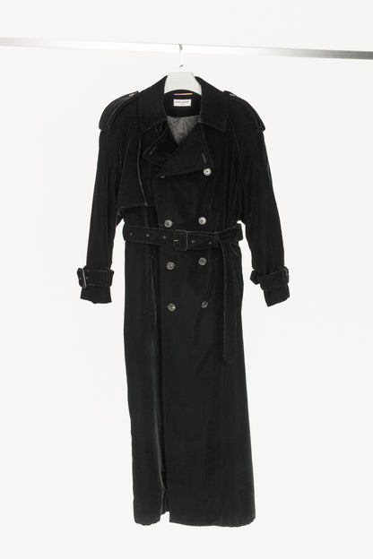 Saint Laurent AW23 Runway Noir Velvet Belted Double-Breasted Trench Coat