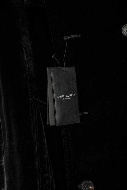 Saint Laurent AW23 Runway Noir Velvet Belted Double-Breasted Trench Coat