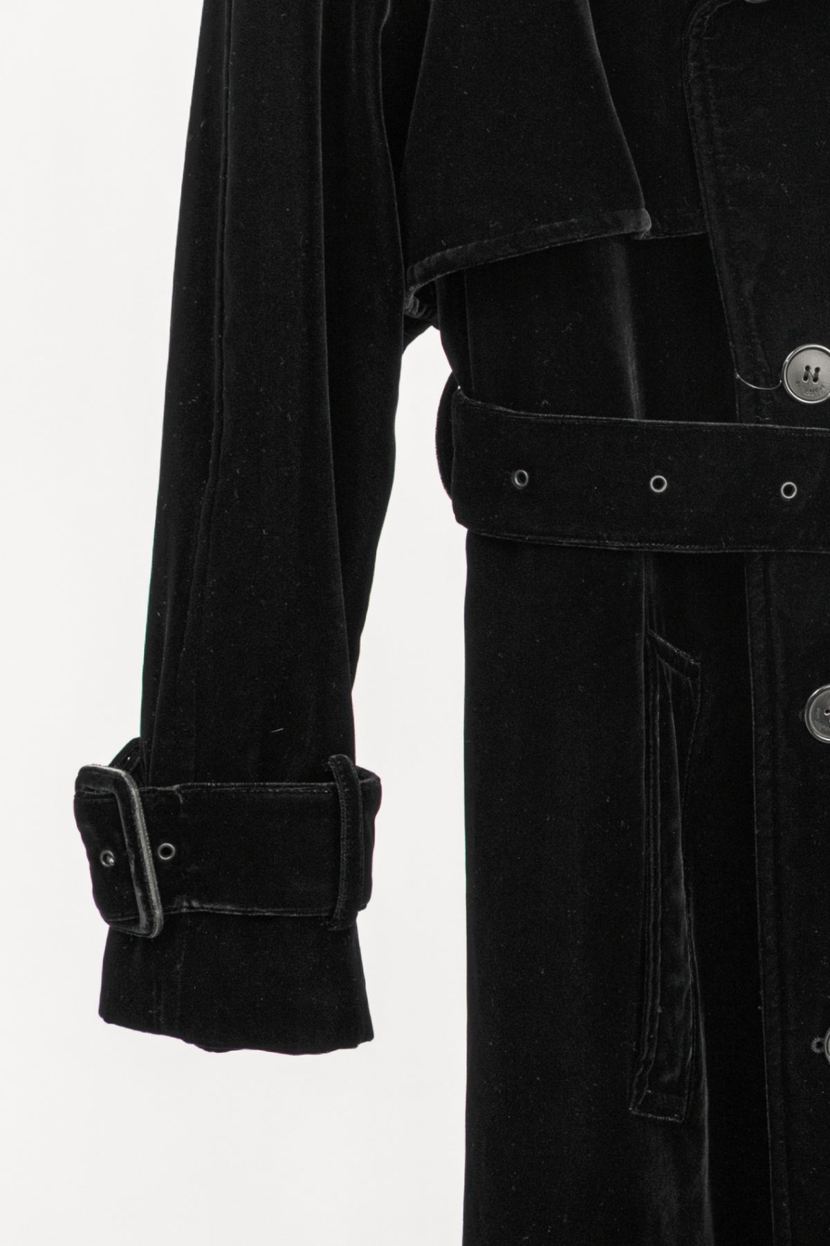 Saint Laurent AW23 Runway Noir Velvet Belted Double-Breasted Trench Coat